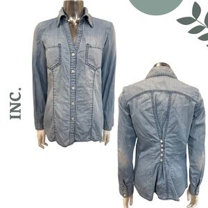 INC Chambray Denim Button-Down Shirt Long Sleeve Lace Up Detail – Size 4